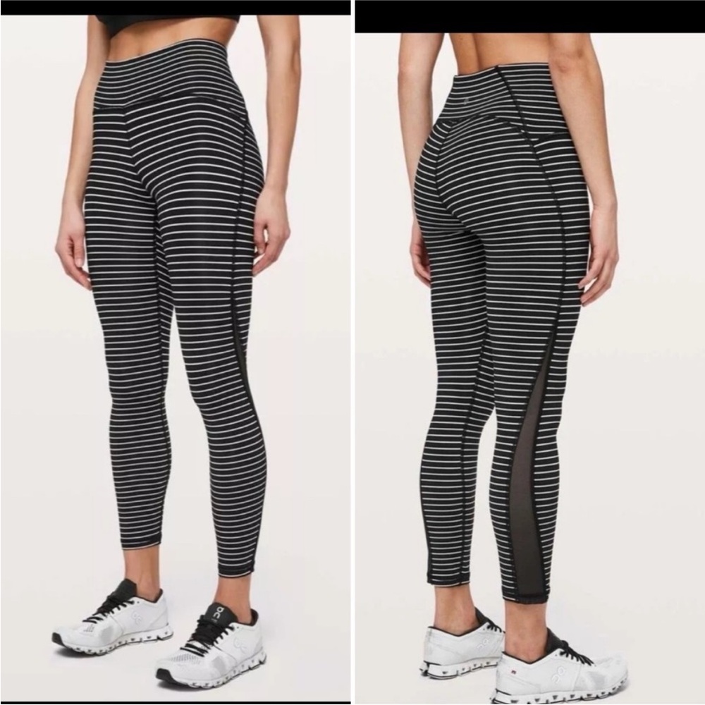 Black and White Striped Leggings with mesh side panels